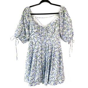 NWT Forever 21 Floral‎ Cottagecore Mini Dress M Blue White Lace Up Puff Sleeve